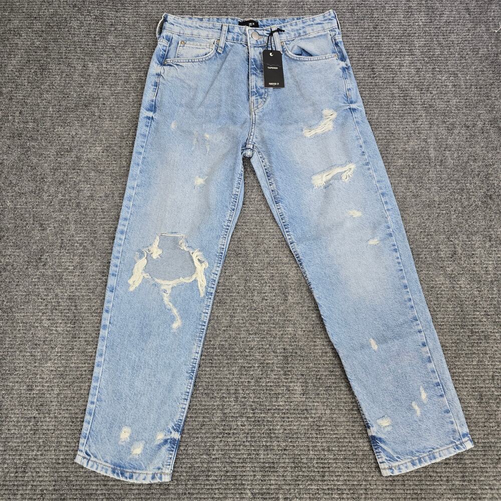 Forever 21 Tapered Jeans Mens 31 Light Wash Blue Distressed Ripped Denim NWT